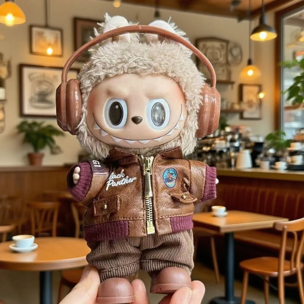 Brown Retro Flying Jacket Fashion Doll Clothes Set for 17cm Labubu Doll - Accessory Gift Item
