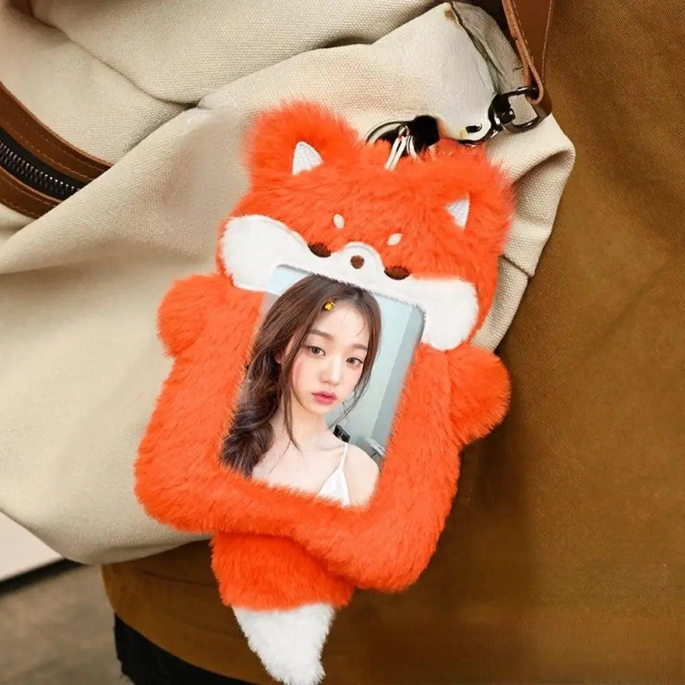 Cute Plush Photocard Case Student Card Holder Cartoon Fox Photocard Case Idol Photos Protective Cover Bag Keychain
