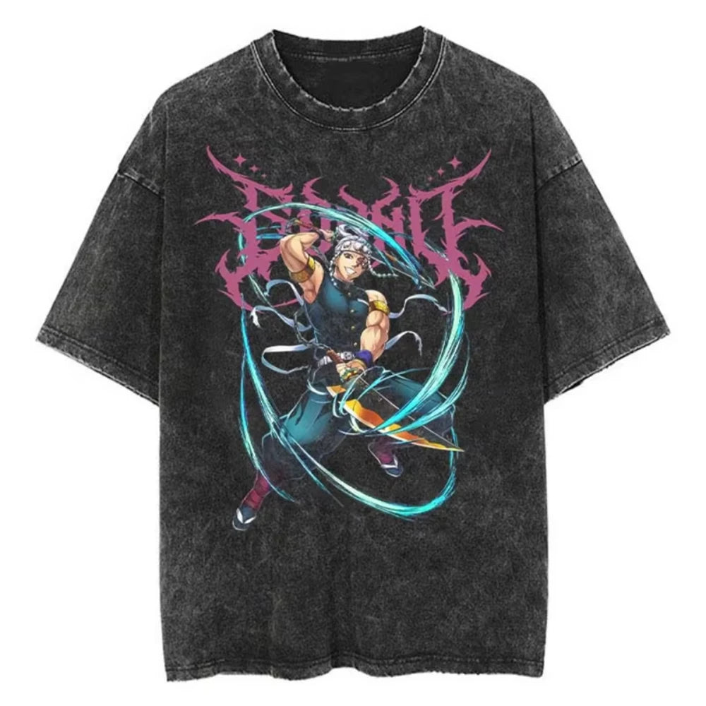 Anime Demon Slayer Shinazugawa Sanemi Cool Printed T-shirt Women Tshirts Vintage Washed Cotton Tee Harajuku Gothic Men T Shirt