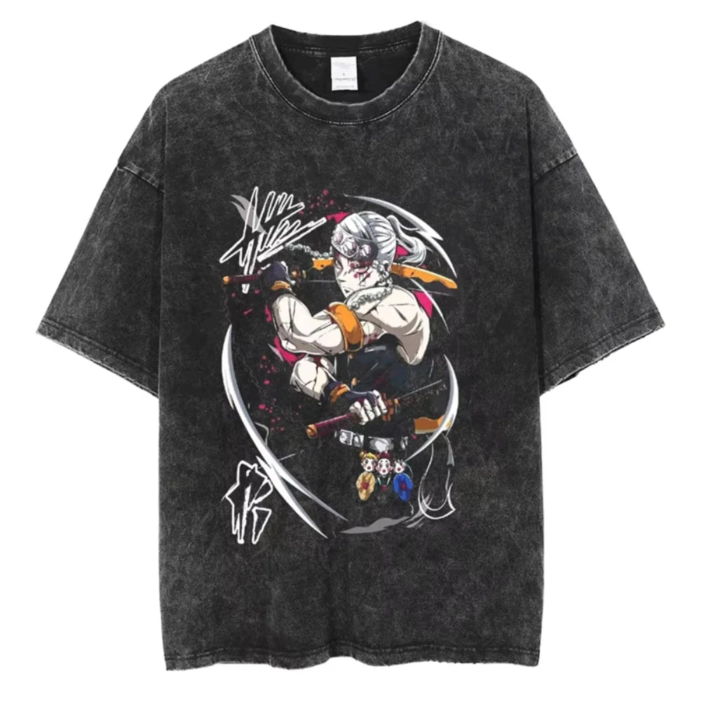 Anime Demon Slayer Shinazugawa Sanemi Cool Printed T-shirt Women Tshirts Vintage Washed Cotton Tee Harajuku Gothic Men T Shirt