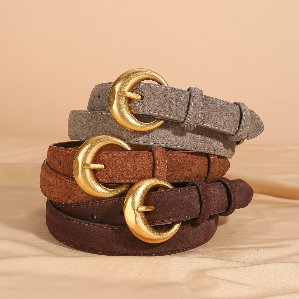Premium Genuine Leather & Suede Women's Belt - Gold Round Pin Buckle Vintage Waistband for Jeans Dress Casual