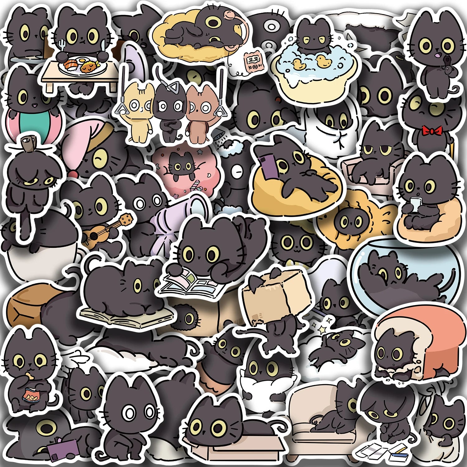 50PCS Naughty Little Black Cat Sticker Graffiti Decoration Laptop Luggage Phone Skateboard Waterproof DIY Sticker