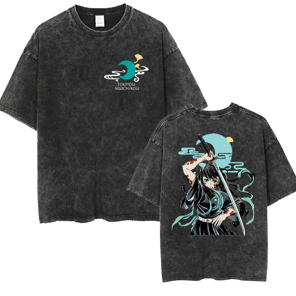 Summer New Demon Slayer Anime Tokitou Muichirou Peripheral Washed T-shirt Men and Women Loose Casual Harajuku Short Sleeved Top
