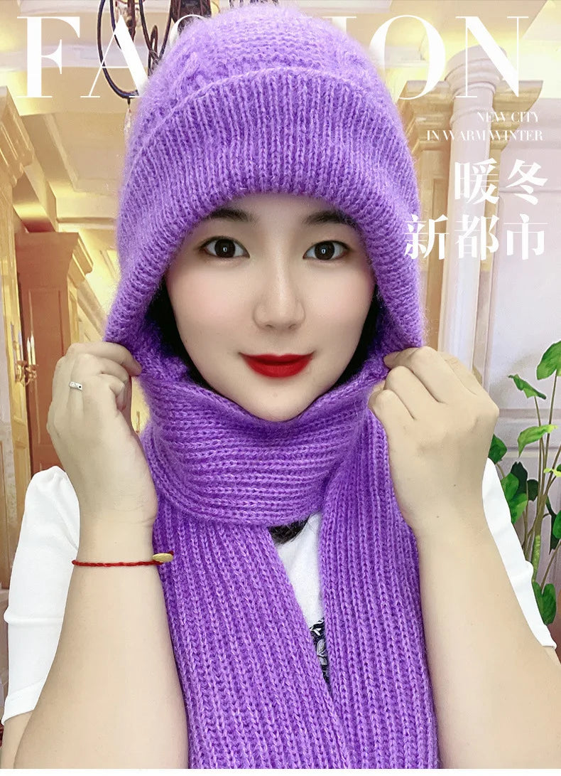 Winter Knitted Skullies Hat Scarf Set Cold Proof Ear Protection Scarf Warm Girls Beanies Cycling Windproof Ladies Outdoor Caps