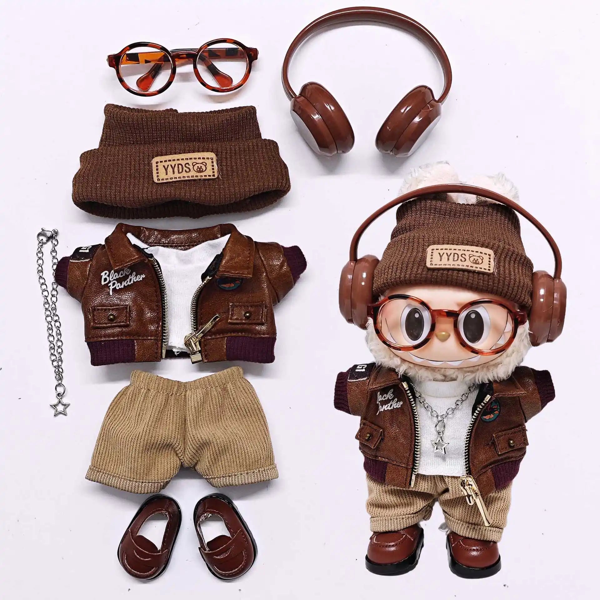 Labubu Retro Pilot Outfit Vintage Leather Jacket Aviator Headset Camera For 15/17cm 1st/2nd/3rd Gen Dolls