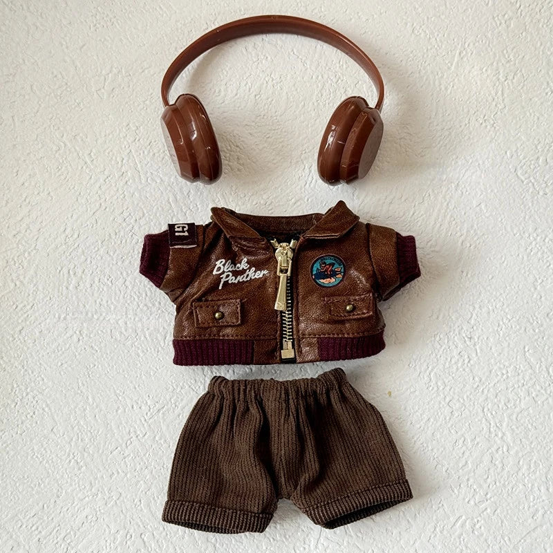 Labubu Retro Pilot Outfit Vintage Leather Jacket Aviator Headset Camera For 15/17cm 1st/2nd/3rd Gen Dolls