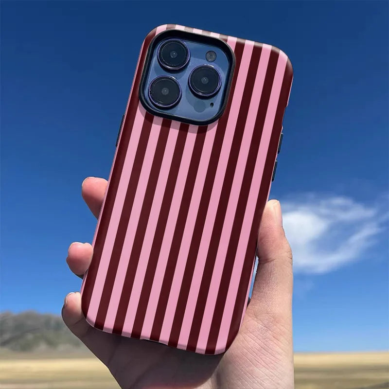 Fashion Pink Black Stripe Phone Case for iPhone 17 16 15 14 13 12 11 X XS XR 7 8 Air Pro Max Plus Luxury Double-layer Back Cover