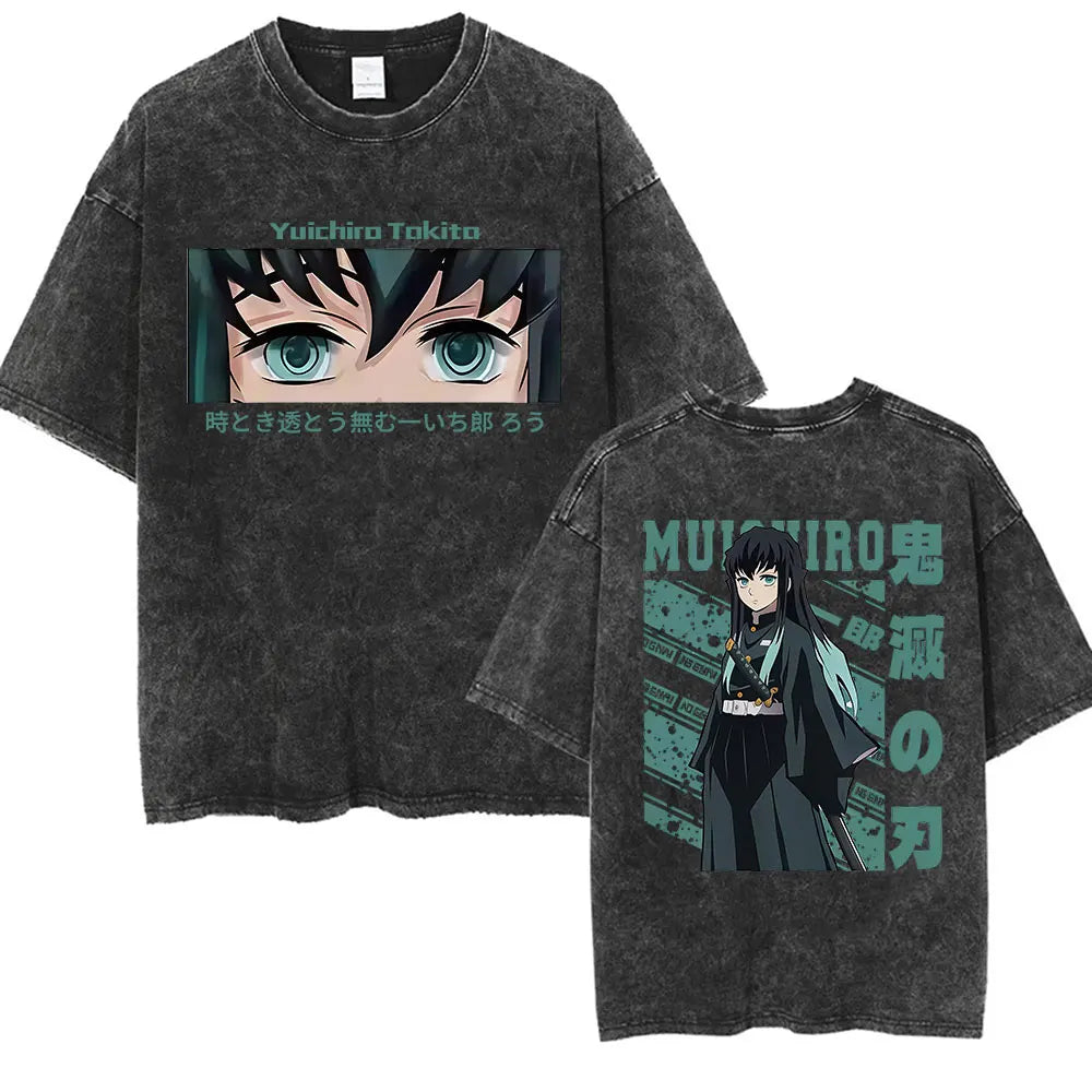 Summer New Demon Slayer Anime Tokitou Muichirou Peripheral Washed T-shirt Men and Women Loose Casual Harajuku Short Sleeved Top