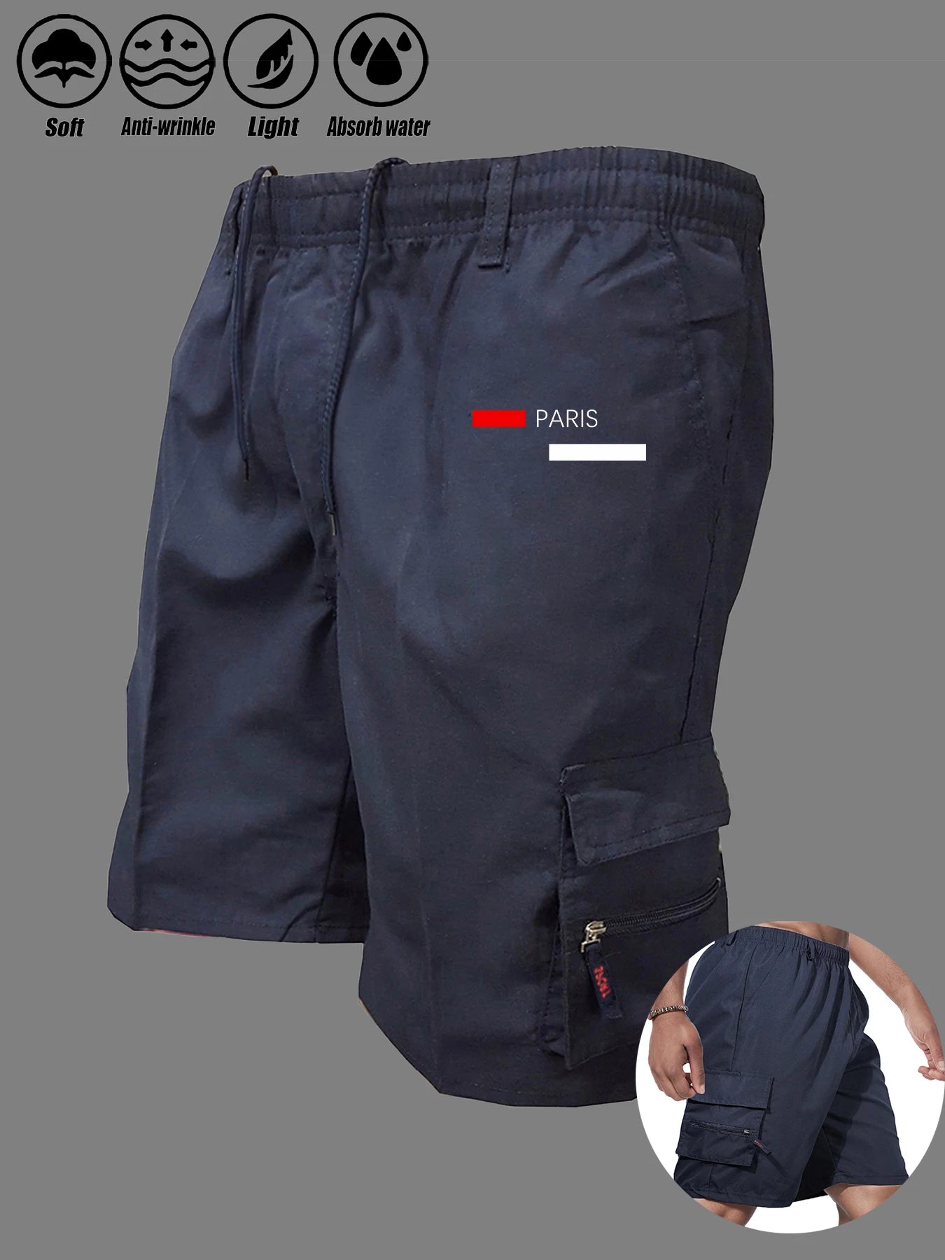 Paris Printed Casual Work Shorts Men's Multi-pocket Loose Drawstring Cargo Shorts Outdoor Sports Short Pants for Men Streetwear