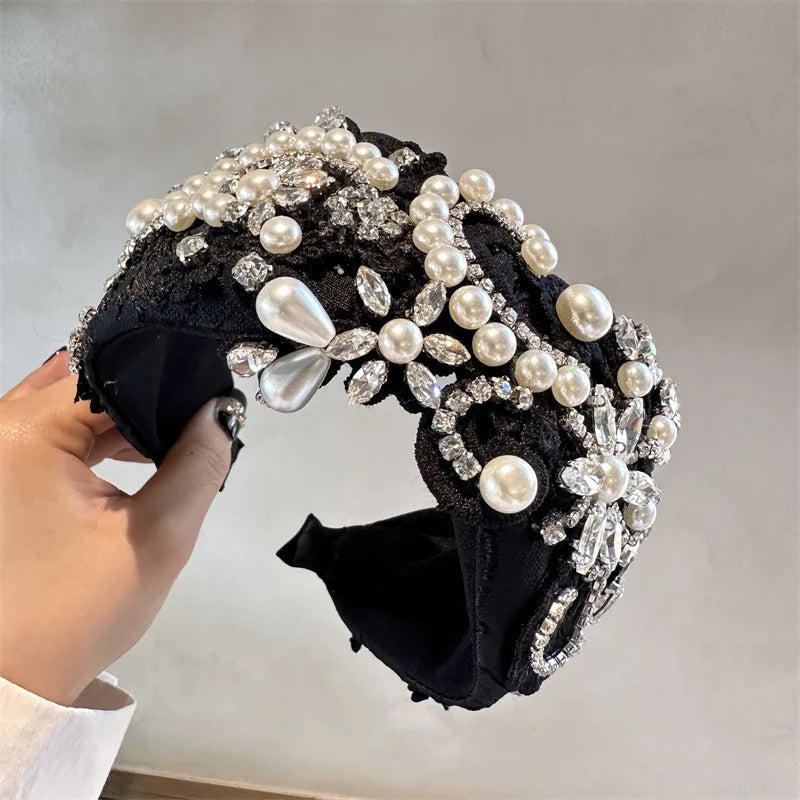 Black White Headband Hair Bands For Women Crystal Embroidered Flower Headband Girls Travel Seaside Wide Hair Hoops Headwear