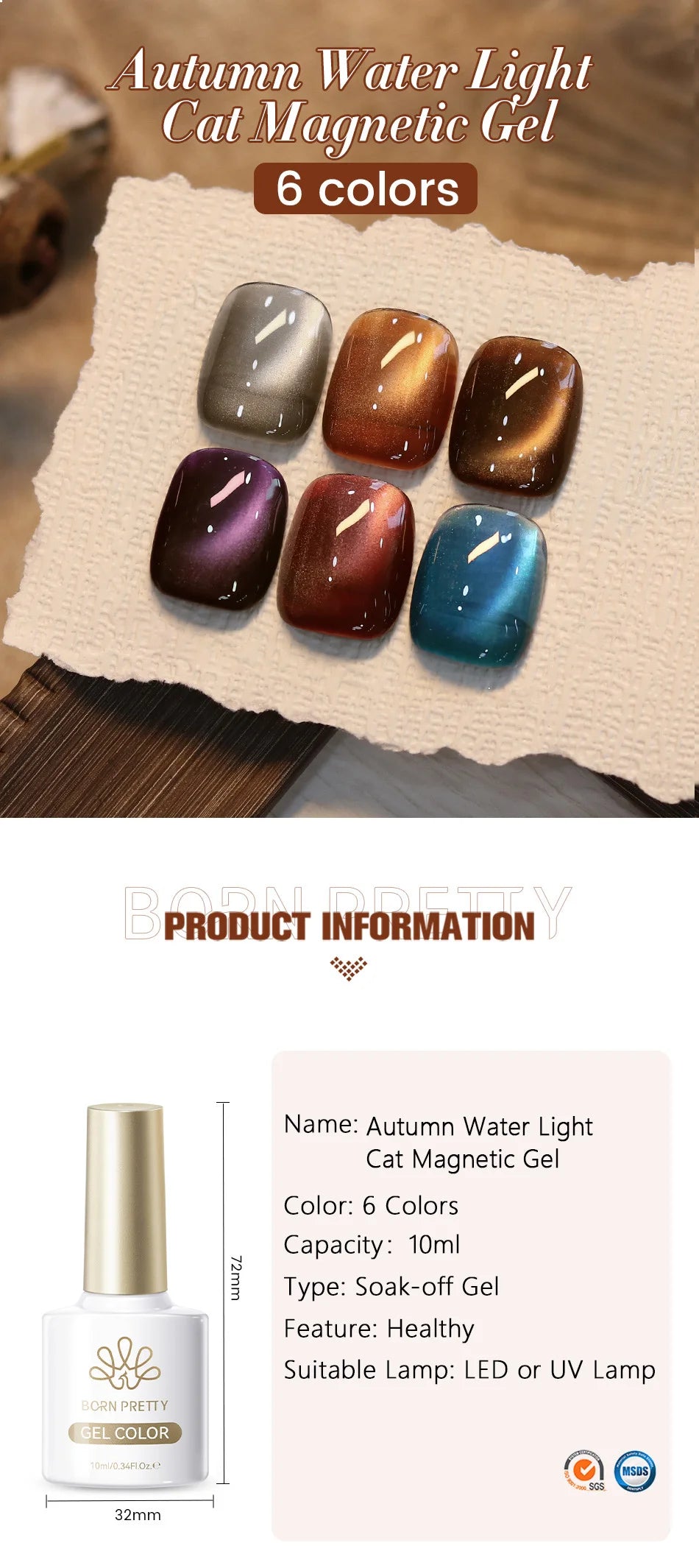 BORN PRETTY 10ml Dark Brown Red Glass Bead Cat Magnetic Gel Nail Polish Semi Permanent Soak Off UV LED Varnish Nail Art Salon