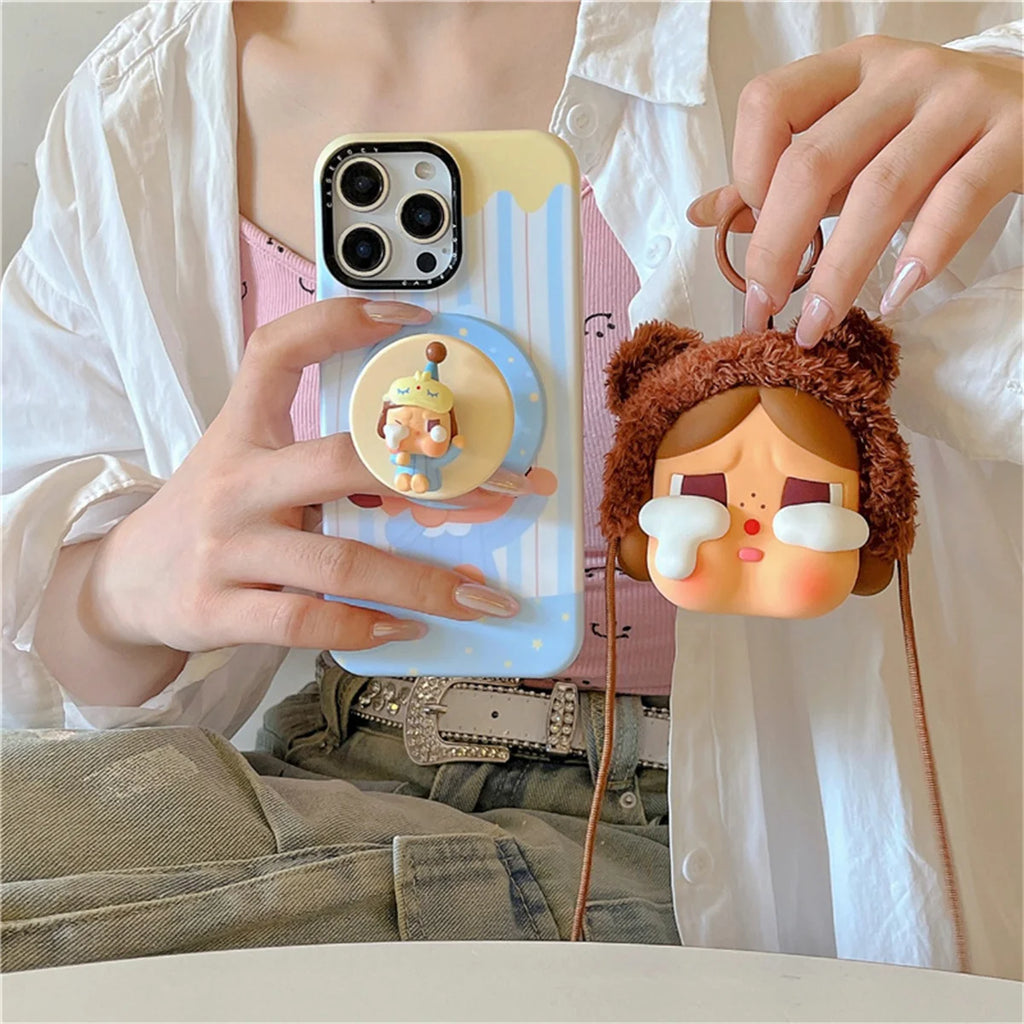 Korean Blue Stripe Cute Girl Magnetic Phone Case For iPhone 16 Pro 15 14 13 Pro Max Cover with Stand Case For Magsafe