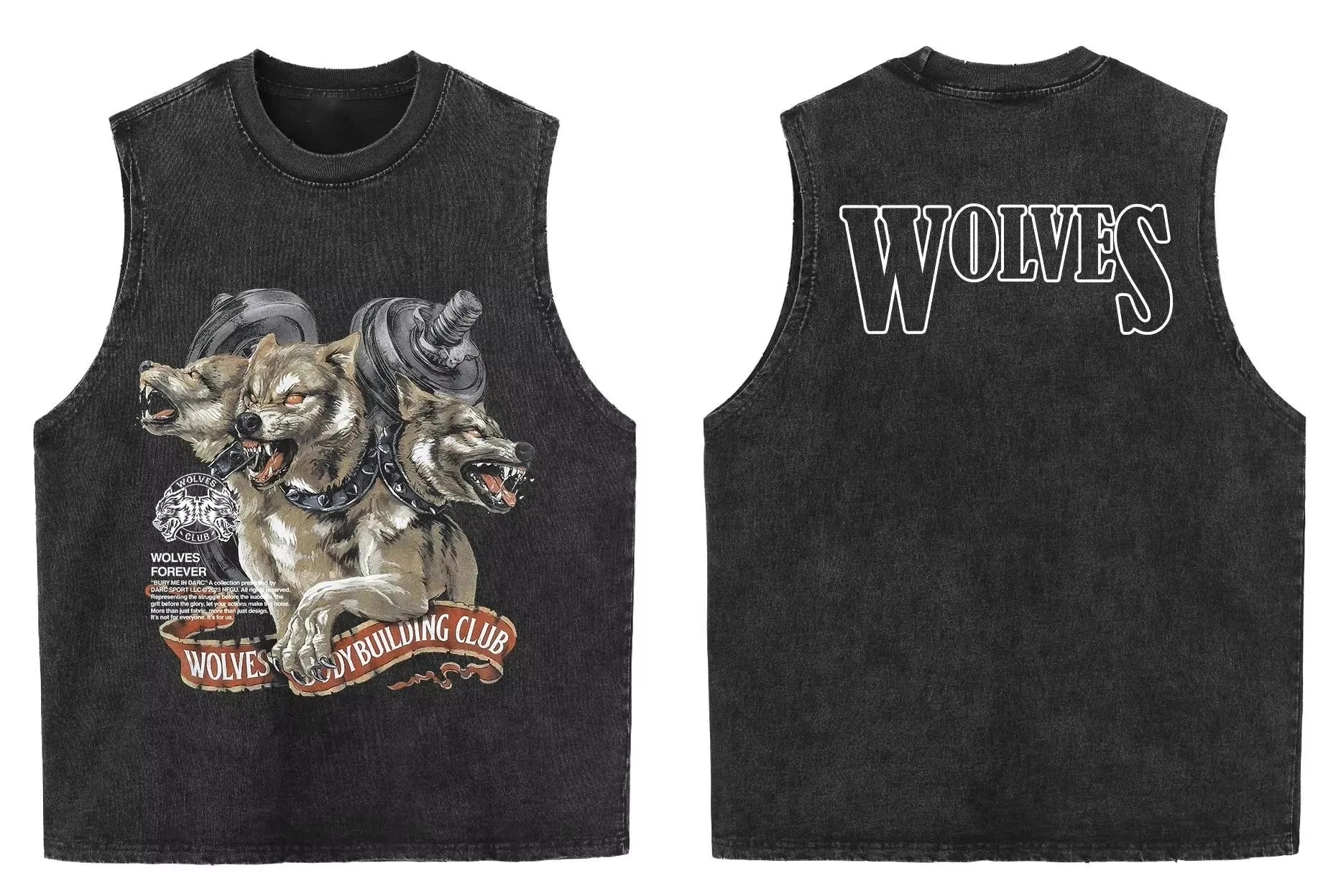 2025 summer American vintage Washed men's T shirt Wolf Head Print Tank Top Gym Fitness Sleeveless T shirt Exercise Vest Women