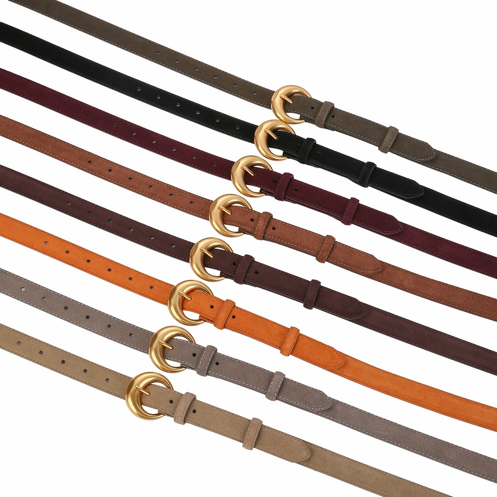 Premium Genuine Leather & Suede Women's Belt - Gold Round Pin Buckle Vintage Waistband for Jeans Dress Casual