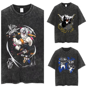 Anime Demon Slayer Shinazugawa Sanemi Cool Printed T-shirt Women Tshirts Vintage Washed Cotton Tee Harajuku Gothic Men T Shirt