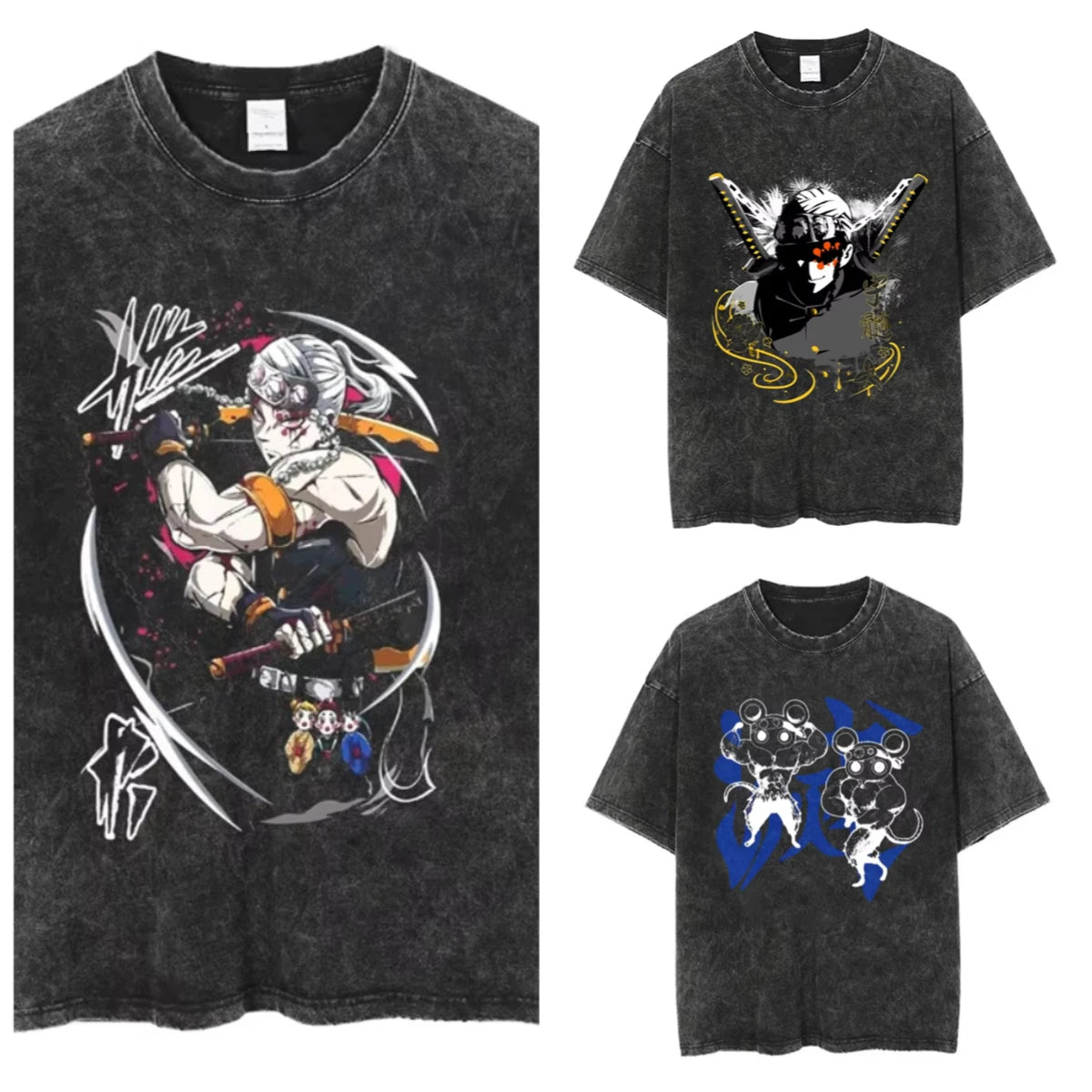 Anime Demon Slayer Shinazugawa Sanemi Cool Printed T-shirt Women Tshirts Vintage Washed Cotton Tee Harajuku Gothic Men T Shirt