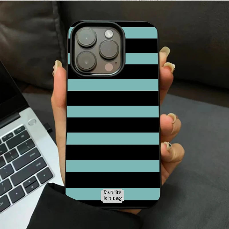 Korean Blue Stripe Luxury Phone Case For iPhone 16 ProMax 15 14 13 12 11 Pro XR XS Max 7 8 Plus Niche Y2K Phone Cases