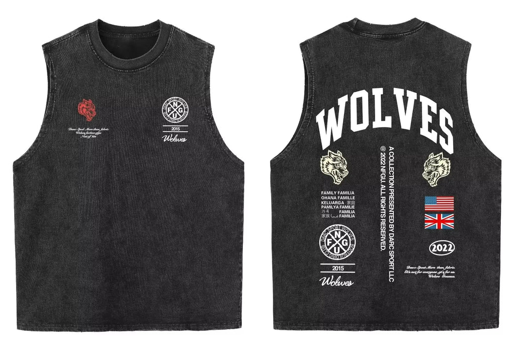 2025 summer American vintage Washed men's T shirt Wolf Head Print Tank Top Gym Fitness Sleeveless T shirt Exercise Vest Women