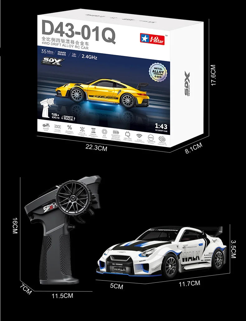 Macro Star D43 Full Proportion Remote Control Drift Car 1:43 Scale Alloy Gyro Four-Wheel Drive Flat Run Luminous Toy Model
