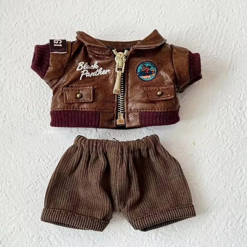 Brown Retro Flying Jacket Fashion Doll Clothes Set for 17cm Labubu Doll - Accessory Gift Item