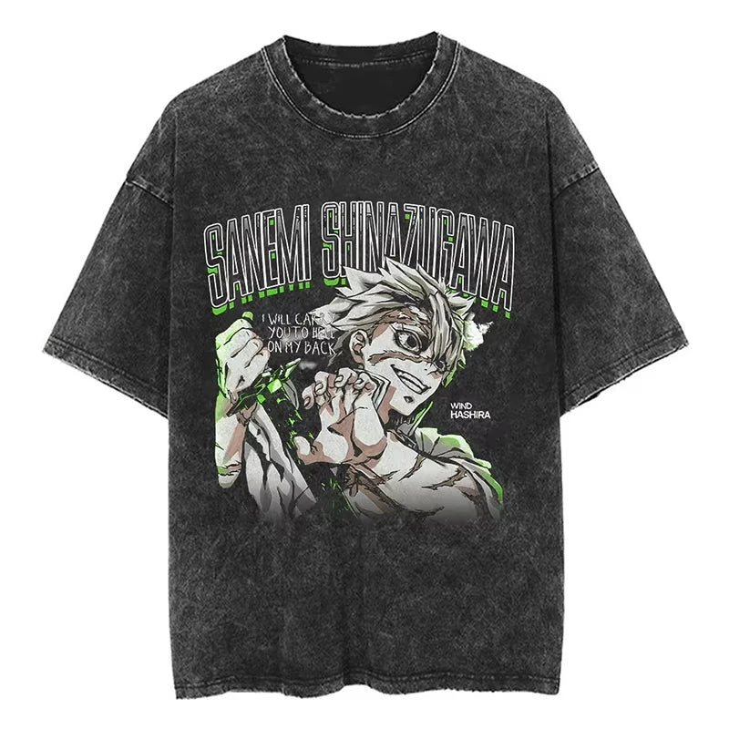 Anime Demon Slayer Shinazugawa Sanemi Cool Printed T-shirt Women Tshirts Vintage Washed Cotton Tee Harajuku Gothic Men T Shirt