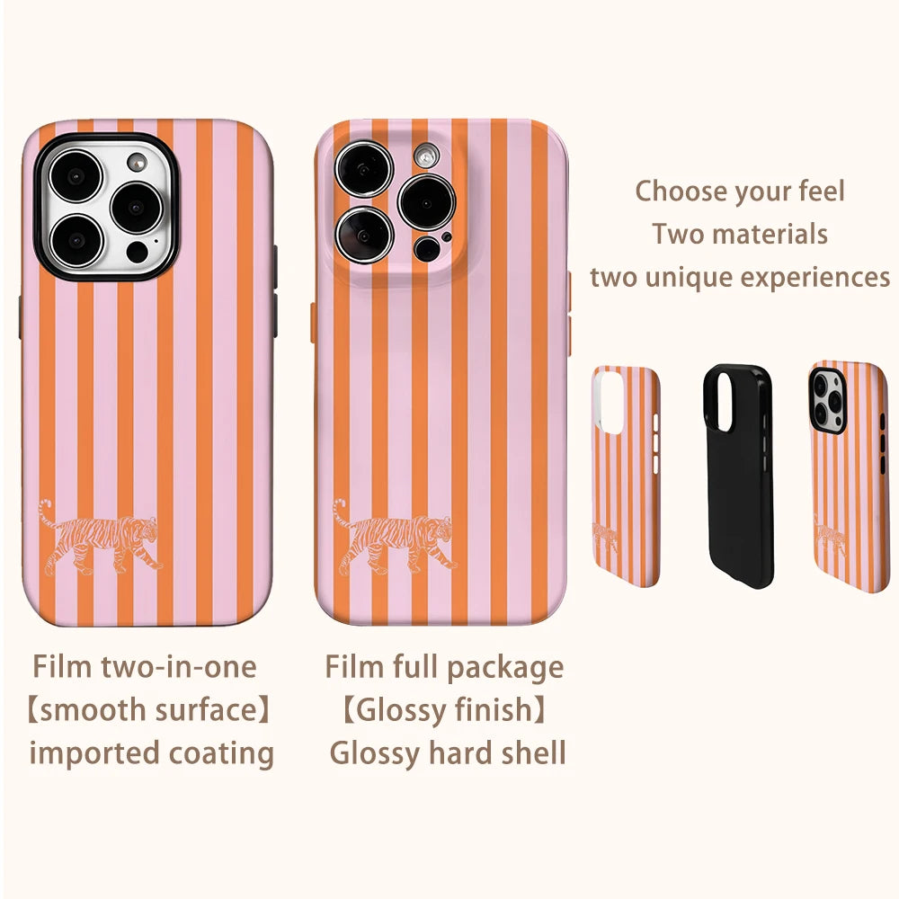 Pink-orange Striped Tiger Phone Case for IPhone 16 15 14 13 12 11 X XS XR XSMAX 7 8 Pro Max Plus Double-layer Back Cover