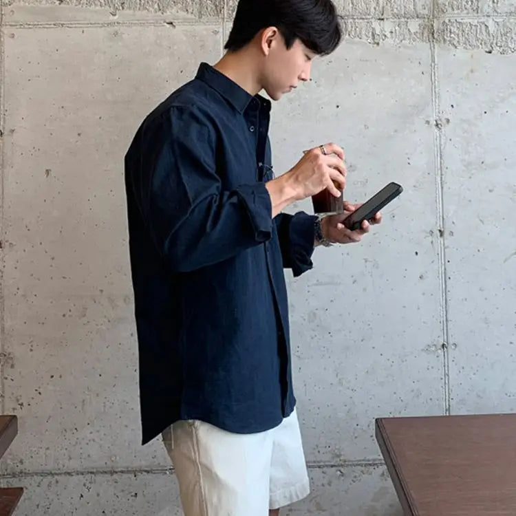 Vintage Men Long Sleeve Shirt Simple Casual Loose Fit Solid Color Coat