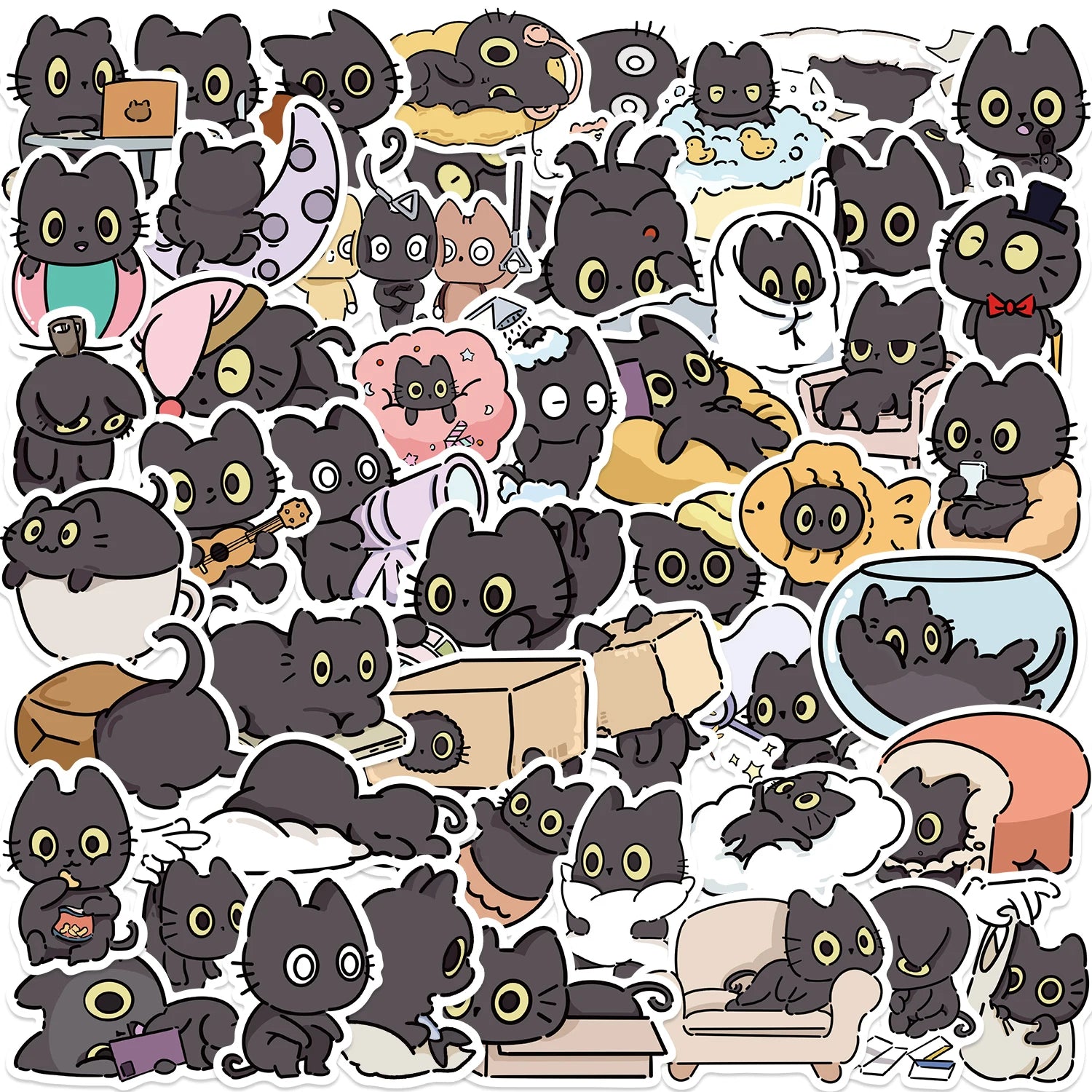 50pcs Naughty Little Black Cat Sticker Graffiti Decoration Laptop Luggage Phone Skateboard Waterproof DIY Sticker