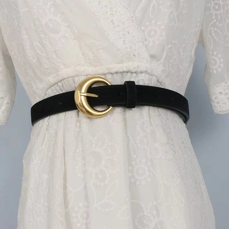 Premium Genuine Leather & Suede Women's Belt - Gold Round Pin Buckle Vintage Waistband for Jeans Dress Casual