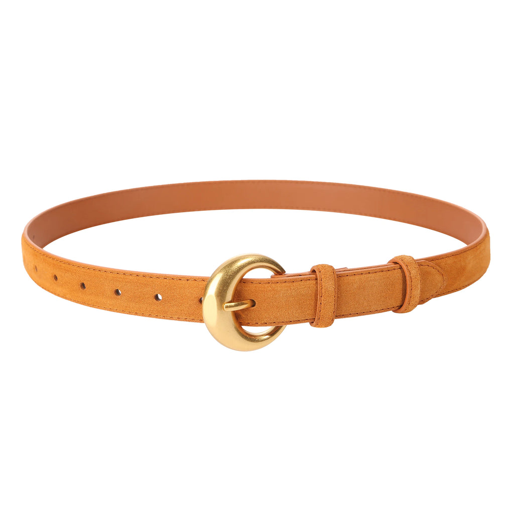 Premium Genuine Leather & Suede Women's Belt - Gold Round Pin Buckle Vintage Waistband for Jeans Dress Casual