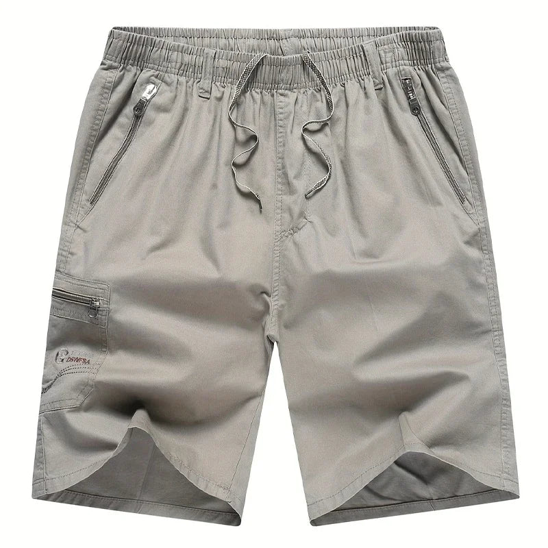 Cotton Cargo Shorts Men's Lightweight Breathable Solid Color Drawstring Waist with Zipper Pockets Casual Summer Short Pants