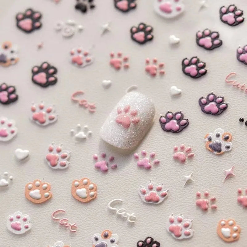 Mini Cute Cartoon Kitten Paw 3D Relief Scrapbook Sticker Sweet Nail Decora Kawaii DIY Stationery Sticker for Kids Journal Craft