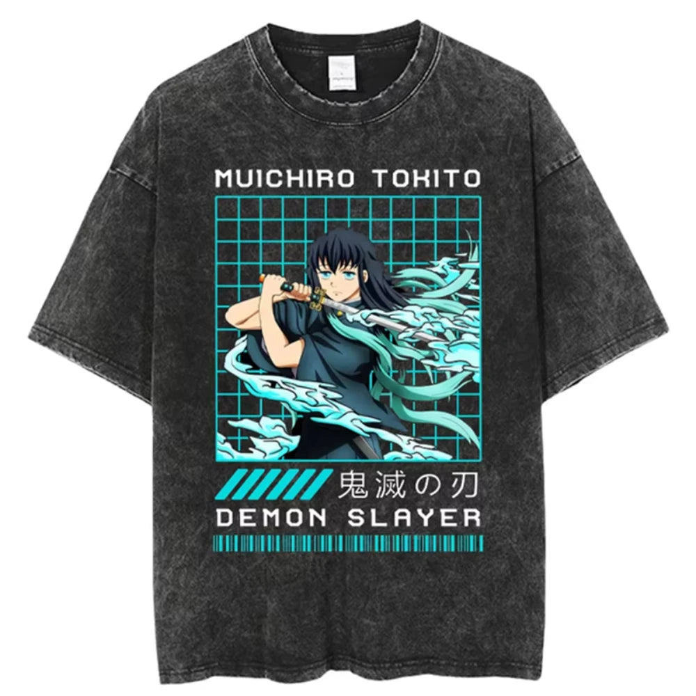 Anime Demon Slayer Shinazugawa Sanemi Cool Printed T-shirt Women Tshirts Vintage Washed Cotton Tee Harajuku Gothic Men T Shirt