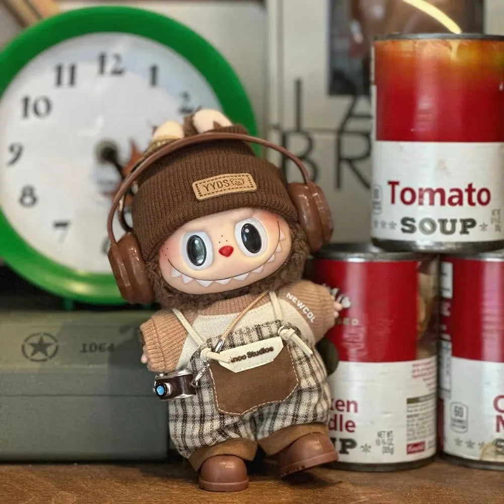 Clothes for Labubu V1 V2 V3 Clothing Doll Retro Brown T-shirt Handsome Clothes Set Doll Accessories