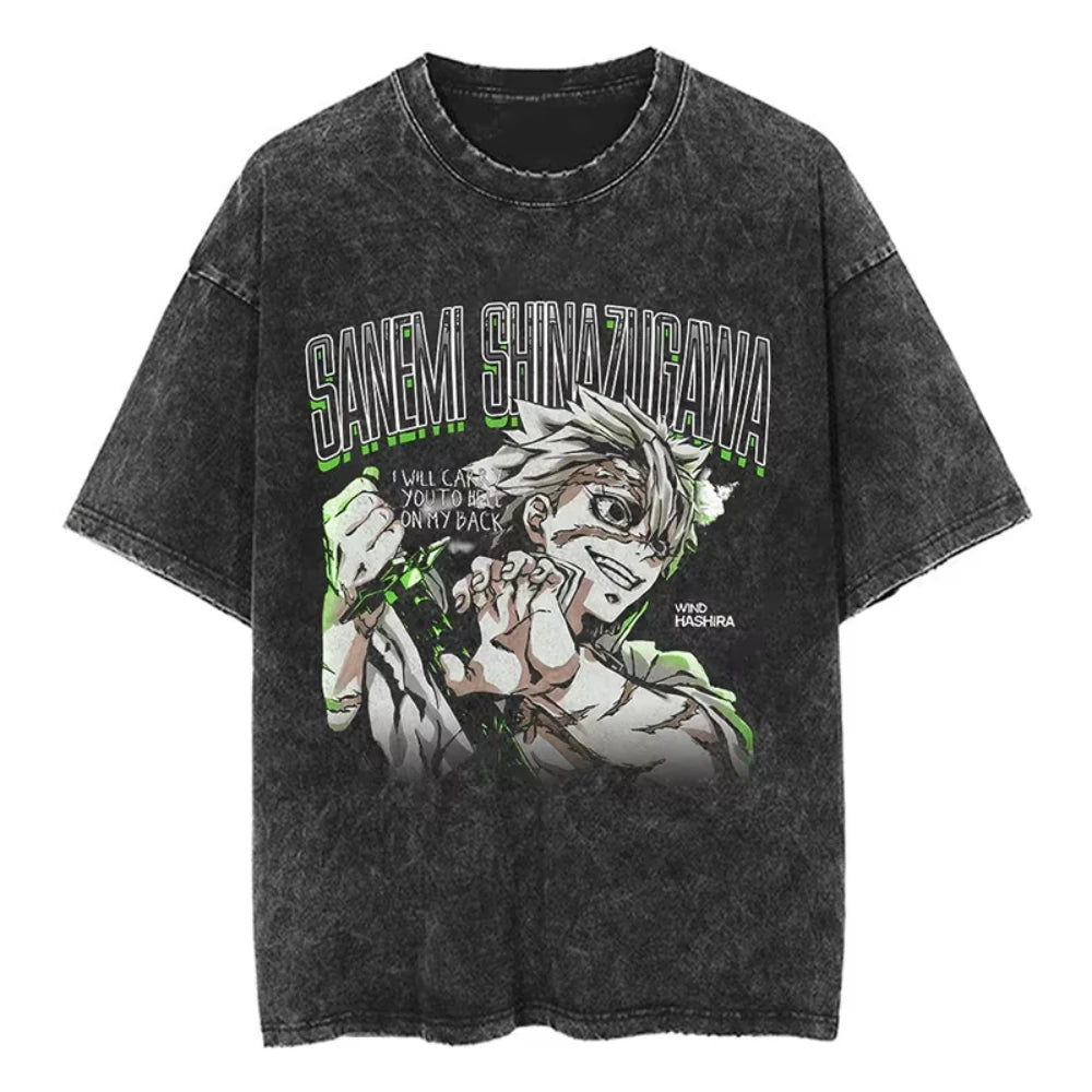 Anime Demon Slayer Shinazugawa Sanemi Cool Printed T-shirt Women Tshirts Vintage Washed Cotton Tee Harajuku Gothic Men T Shirt