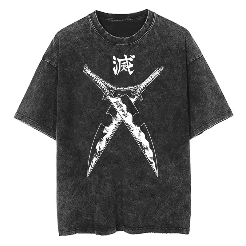 Anime Demon Slayer Shinazugawa Sanemi Cool Printed T-shirt Women Tshirts Vintage Washed Cotton Tee Harajuku Gothic Men T Shirt