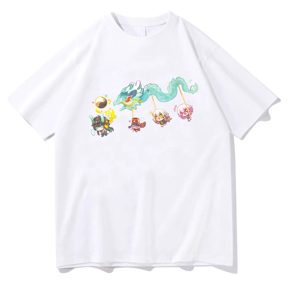 Imbibitor Lunae & Friends Dragon Dance Cotton T-shirt Honkai Star Rail Game Tees Adorable Q-version Cartoon Tops Unisex Clothing