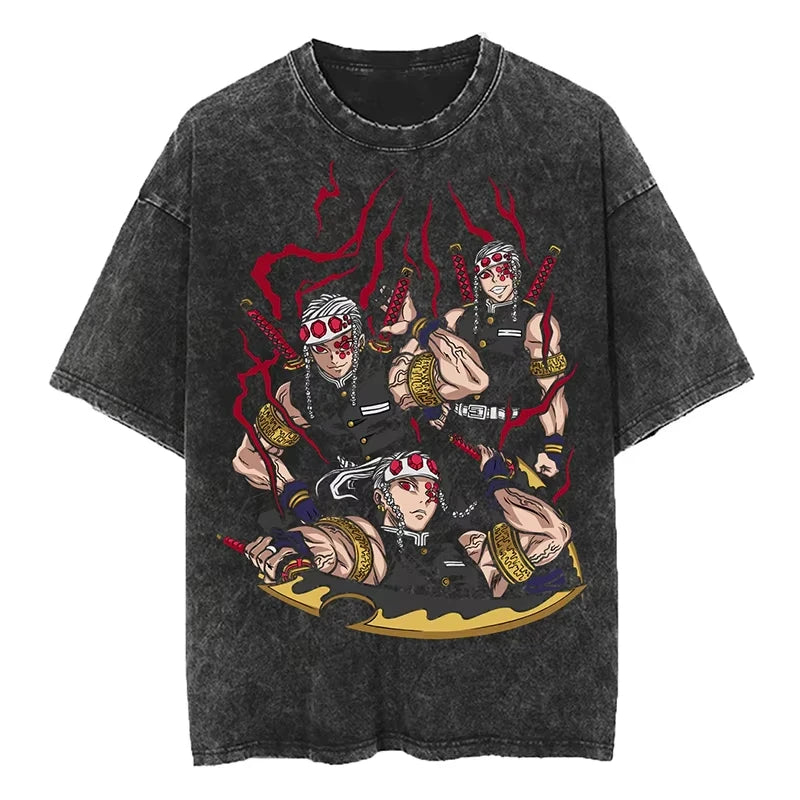 Anime Demon Slayer Shinazugawa Sanemi Cool Printed T-shirt Women Tshirts Vintage Washed Cotton Tee Harajuku Gothic Men T Shirt