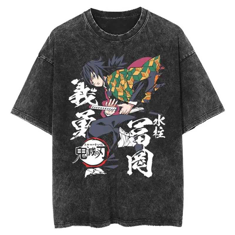 Anime Demon Slayer Shinazugawa Sanemi Cool Printed T-shirt Women Tshirts Vintage Washed Cotton Tee Harajuku Gothic Men T Shirt