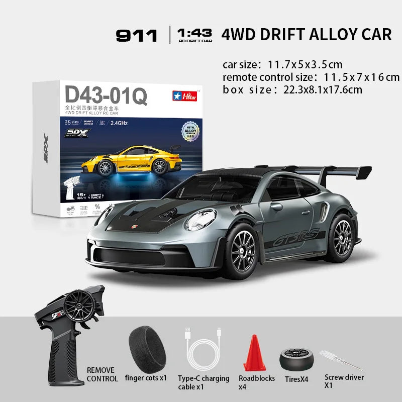 Macro Star D43 Full Proportion Remote Control Drift Car 1:43 Scale Alloy Gyro Four-Wheel Drive Flat Run Luminous Toy Model