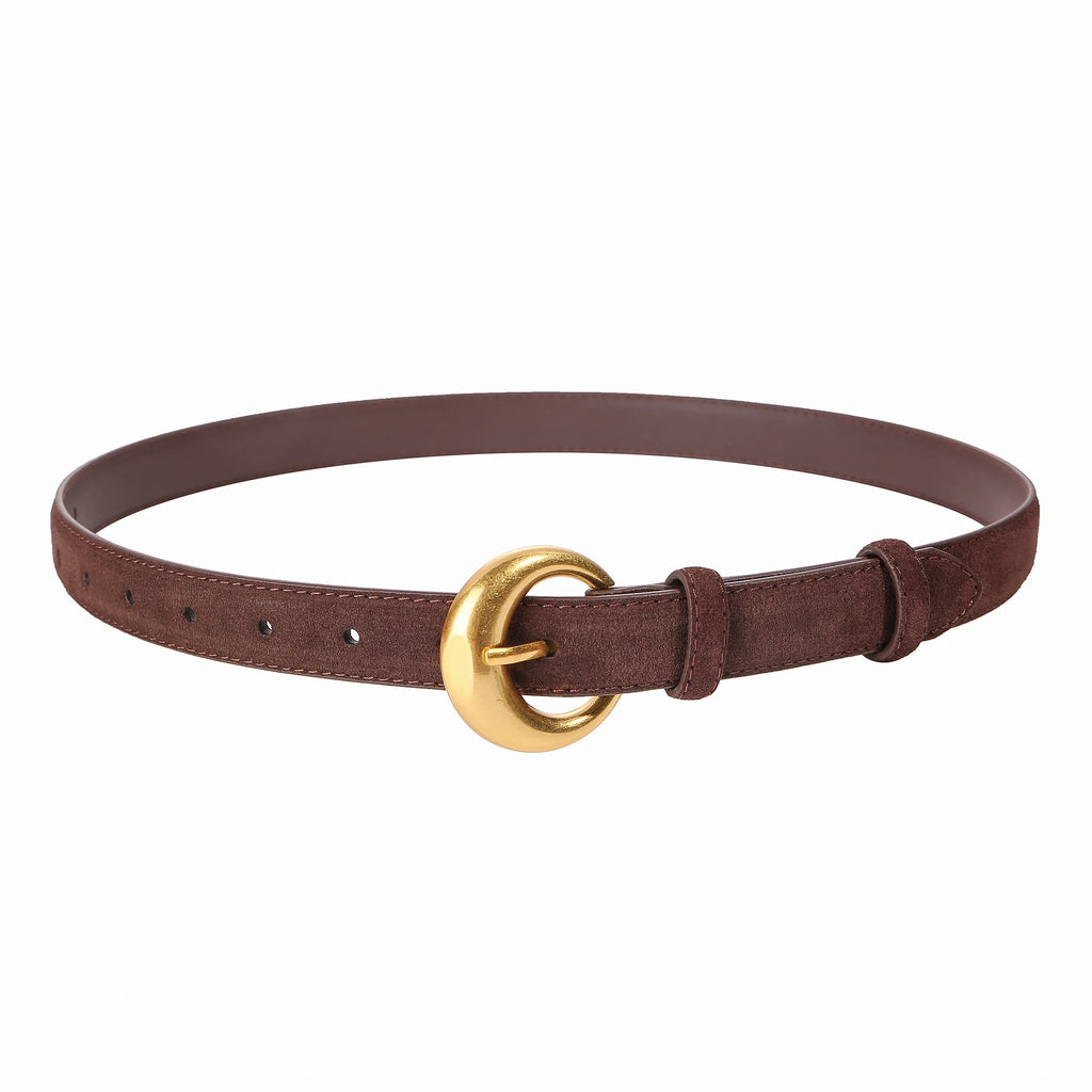 Premium Genuine Leather & Suede Women's Belt - Gold Round Pin Buckle Vintage Waistband for Jeans Dress Casual
