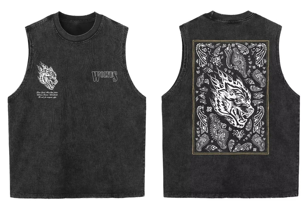 2025 summer American vintage Washed men's T shirt Wolf Head Print Tank Top Gym Fitness Sleeveless T shirt Exercise Vest Women