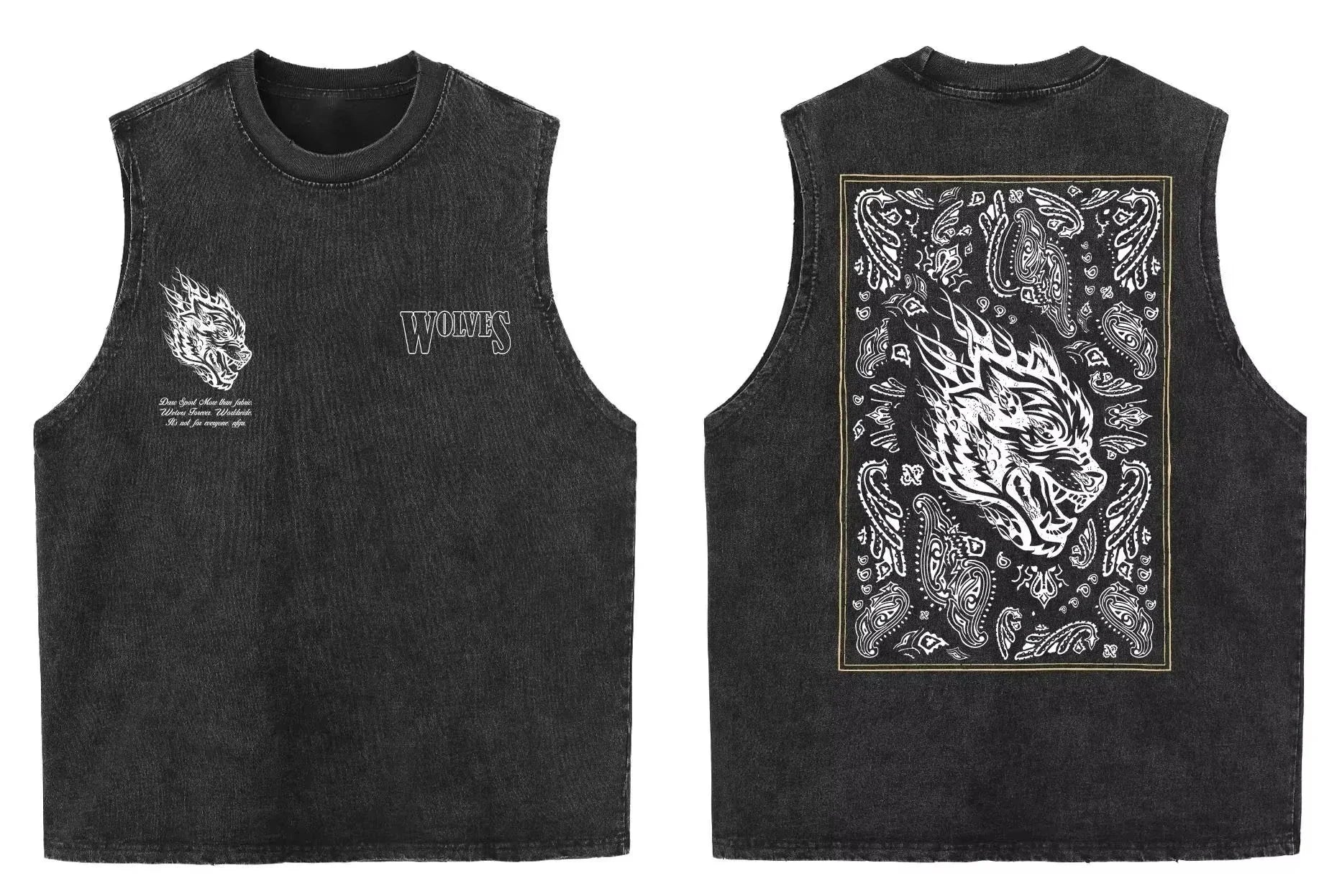 2025 summer American vintage Washed men's T shirt Wolf Head Print Tank Top Gym Fitness Sleeveless T shirt Exercise Vest Women