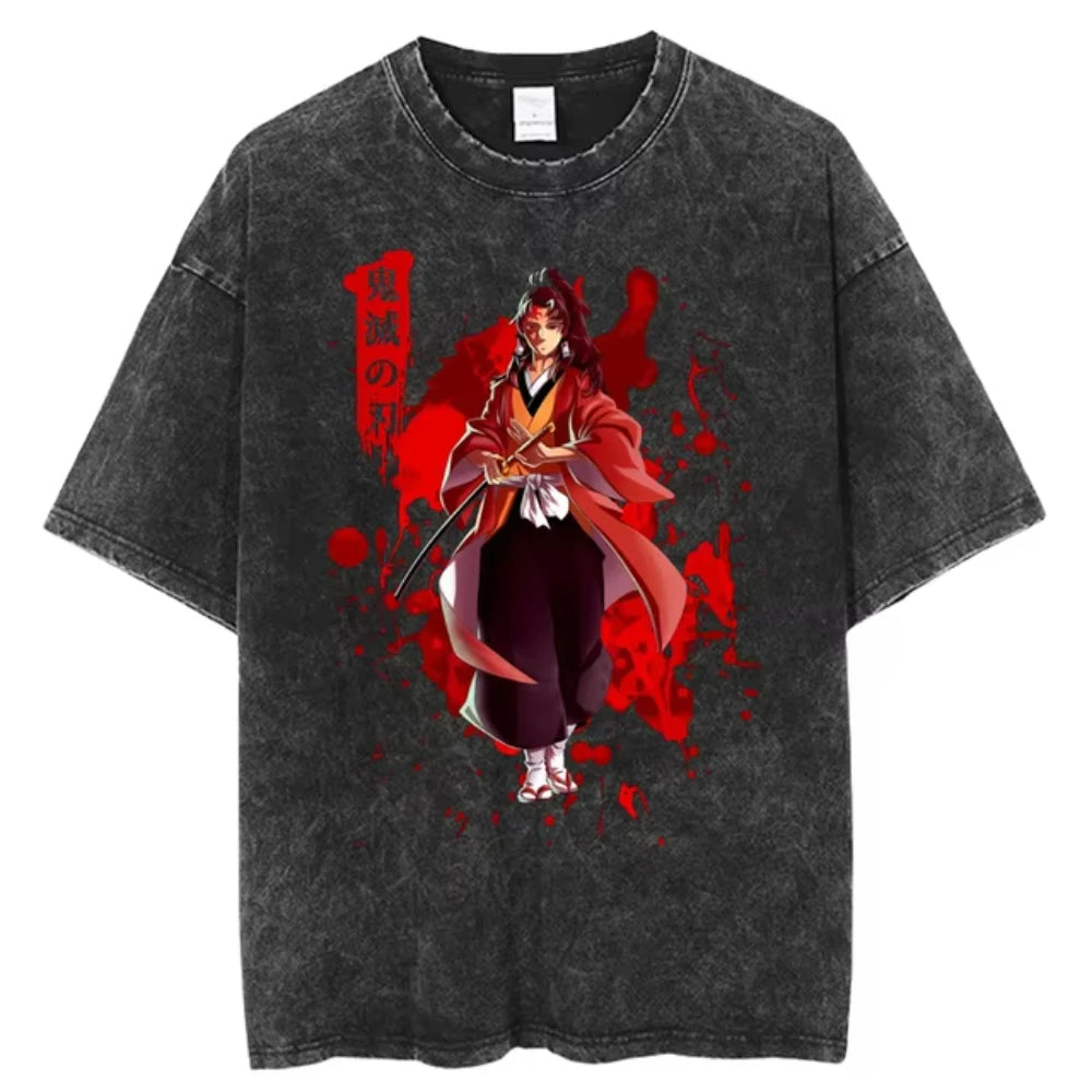 Anime Demon Slayer Shinazugawa Sanemi Cool Printed T-shirt Women Tshirts Vintage Washed Cotton Tee Harajuku Gothic Men T Shirt