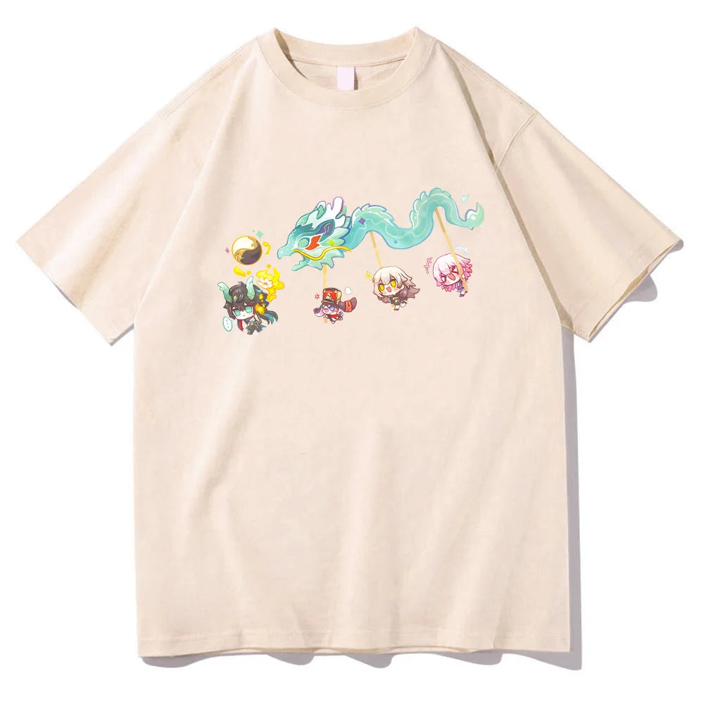Imbibitor Lunae & Friends Dragon Dance Cotton T-shirt Honkai Star Rail Game Tees Adorable Q-version Cartoon Tops Unisex Clothing