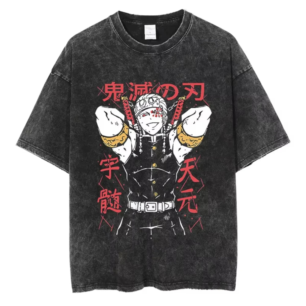 Anime Demon Slayer Shinazugawa Sanemi Cool Printed T-shirt Women Tshirts Vintage Washed Cotton Tee Harajuku Gothic Men T Shirt
