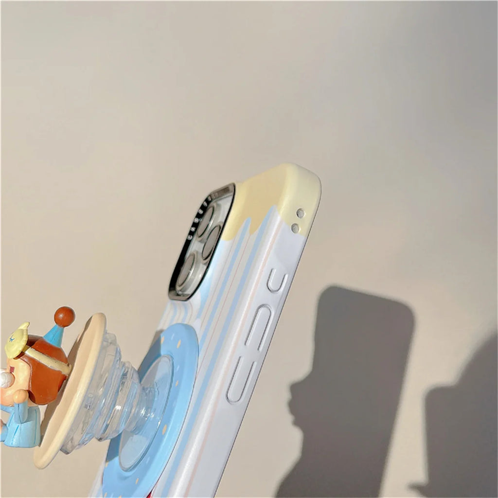 Korean Blue Stripe Cute Girl Magnetic Phone Case For iPhone 16 Pro 15 14 13 Pro Max Cover with Stand Case For Magsafe