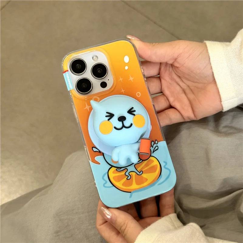 Funny Cute Orange Juice Magnetic Phone Case For iPhone 16 Pro 14 15 Pro Max Cover with Magsafe Stand Holder Kawaii Cases 16 Capa