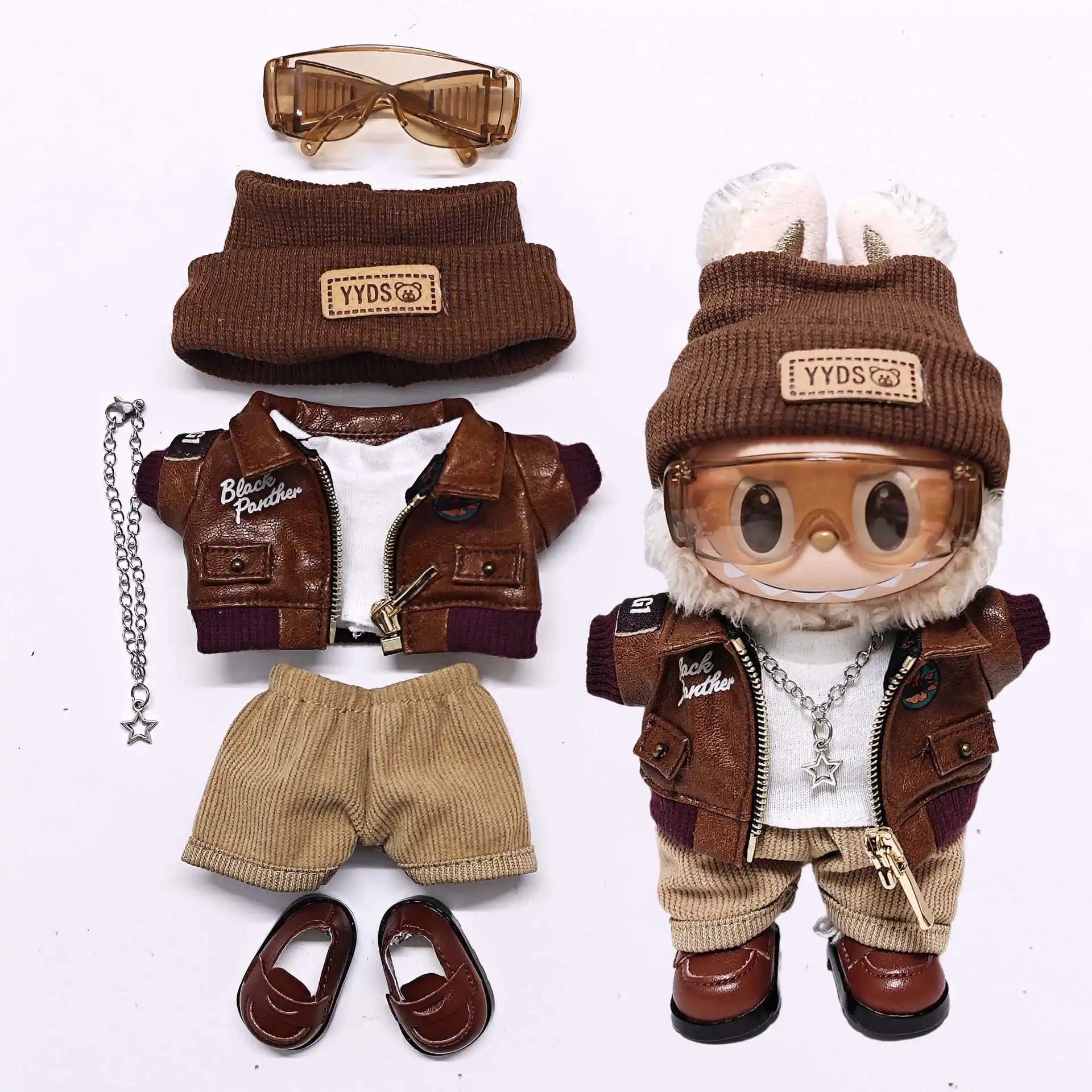 Labubu Retro Pilot Outfit Vintage Leather Jacket Aviator Headset Camera For 15/17cm 1st/2nd/3rd Gen Dolls