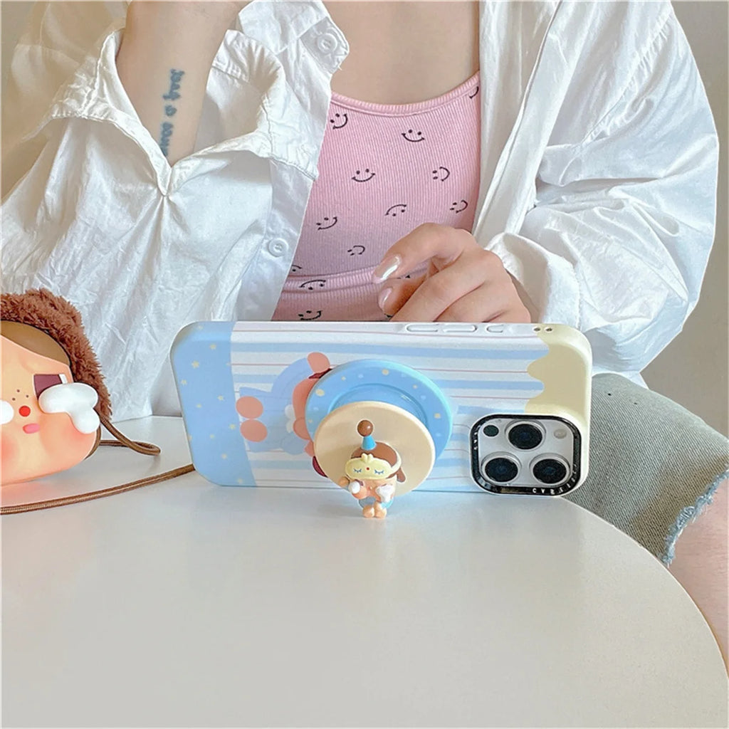 Korean Blue Stripe Cute Girl Magnetic Phone Case For iPhone 16 Pro 15 14 13 Pro Max Cover with Stand Case For Magsafe